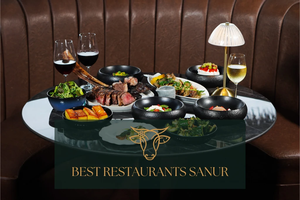 A selection of restaurant dishes with best restaurants Sanur text