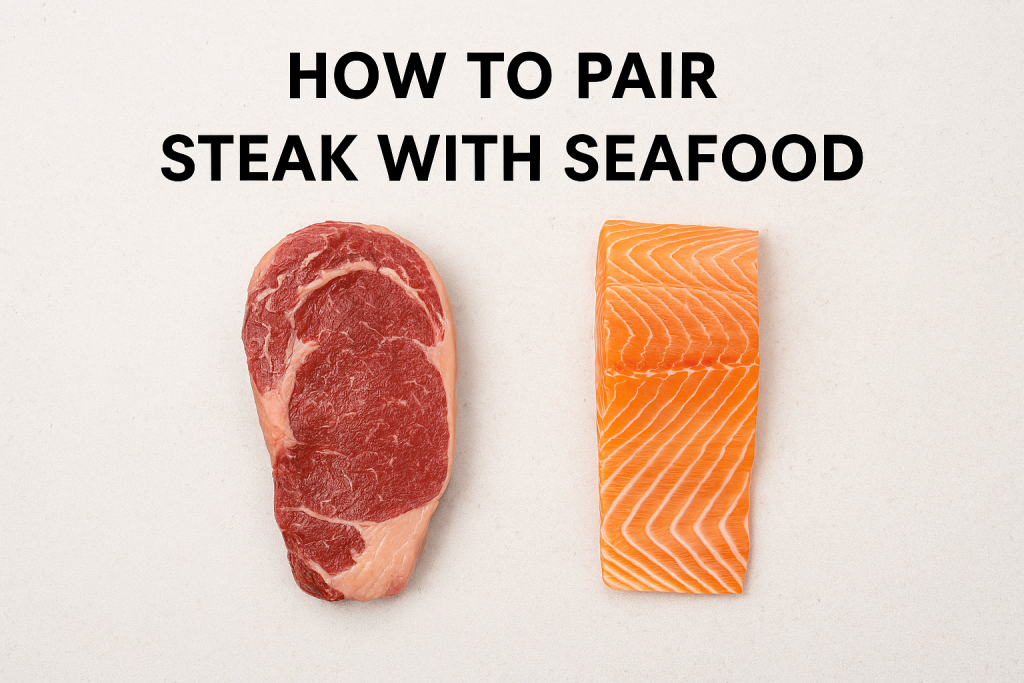A piece of steak and salmon with how to pair steak with seafood text