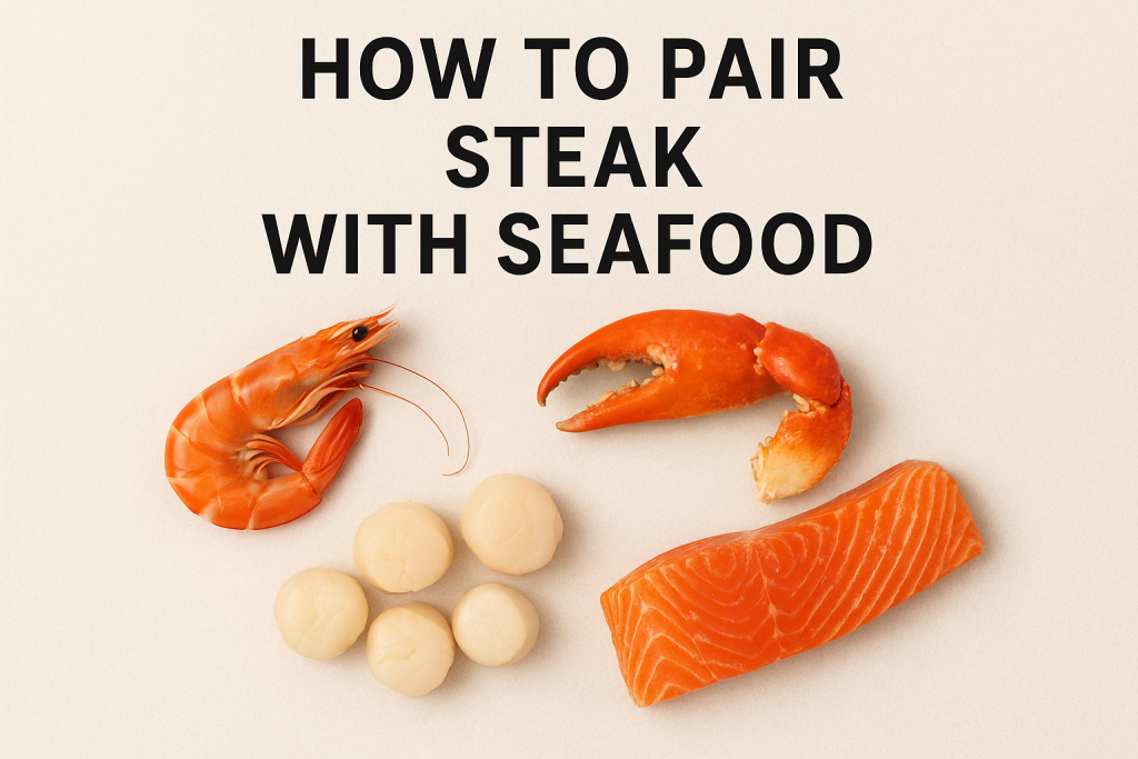 a prawn, crab claw, salmon fillet and scallops