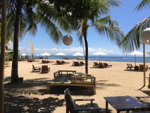 Sanur beach and ocean with palm trees and loungers