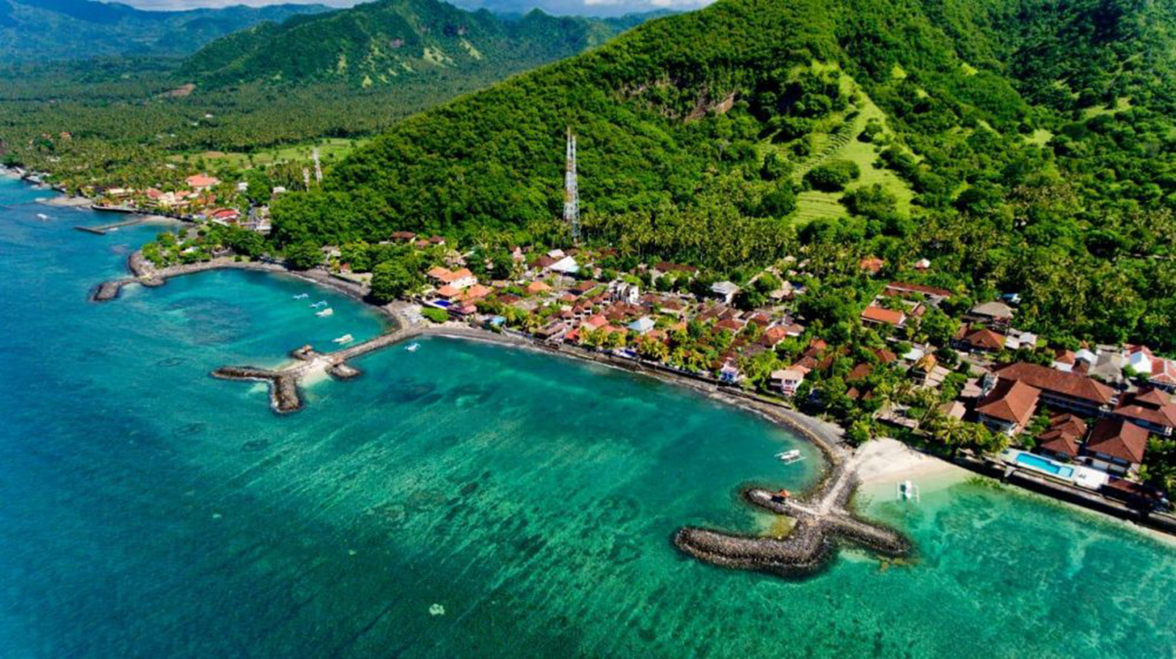 Aerial view of Candidasa bay, town and ocean