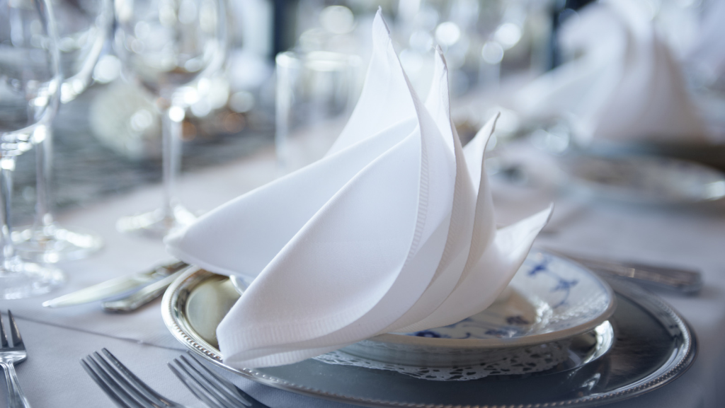 An elegantly folded napkin on dinnerware