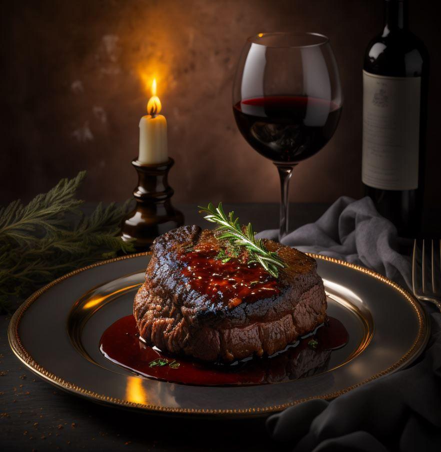 A steak garnished with rosemary with a glass of red wine beside it