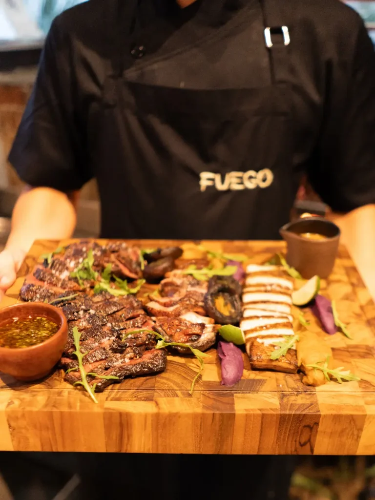 A spread of steak and vegetables from Fuego, Pererenan, Bali