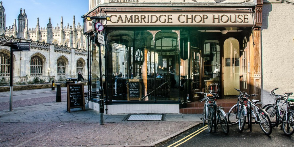 The exterior of Cambridge chop house, an old chophouse in England