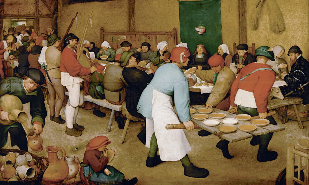 An old painting showing people enjoying a feast