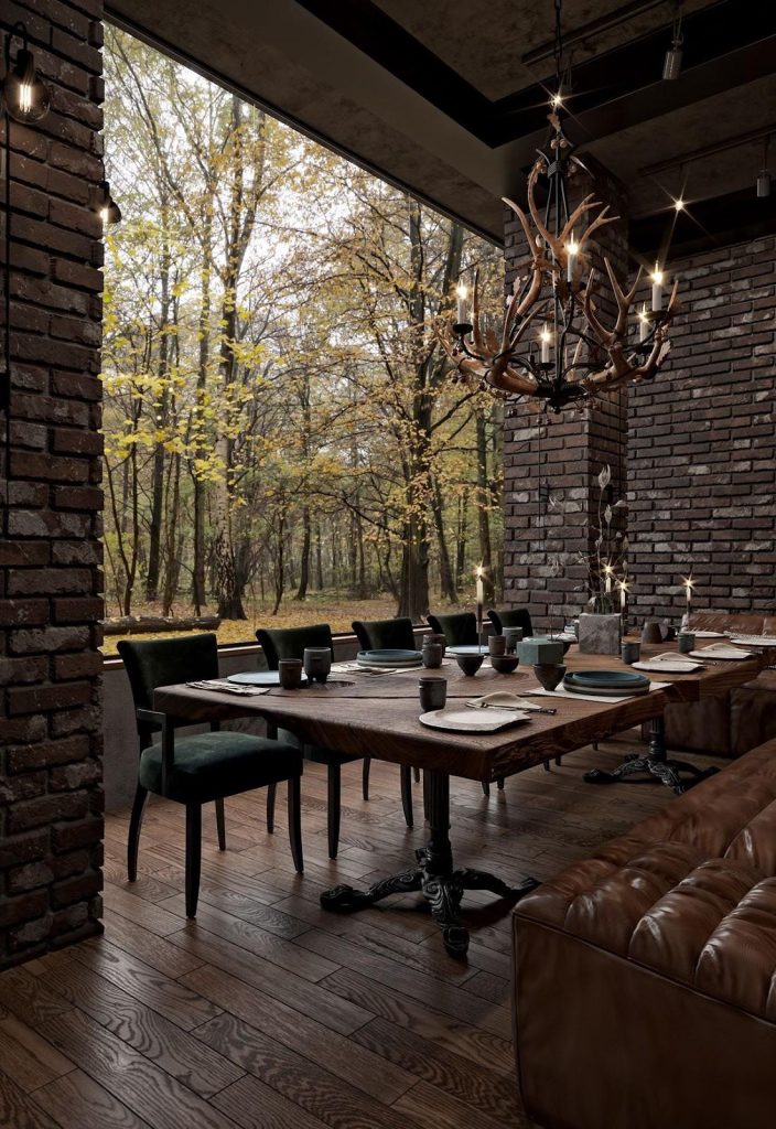 The seating area of a modern steakhouse outdoor area