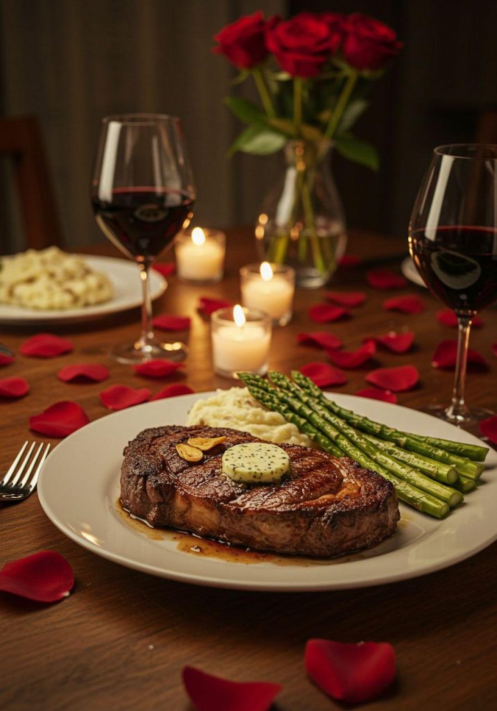 An elegantly plated steak with herbed butter and asparagus