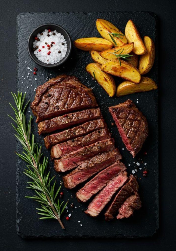 A sliced steak with fries, rosemary and salt