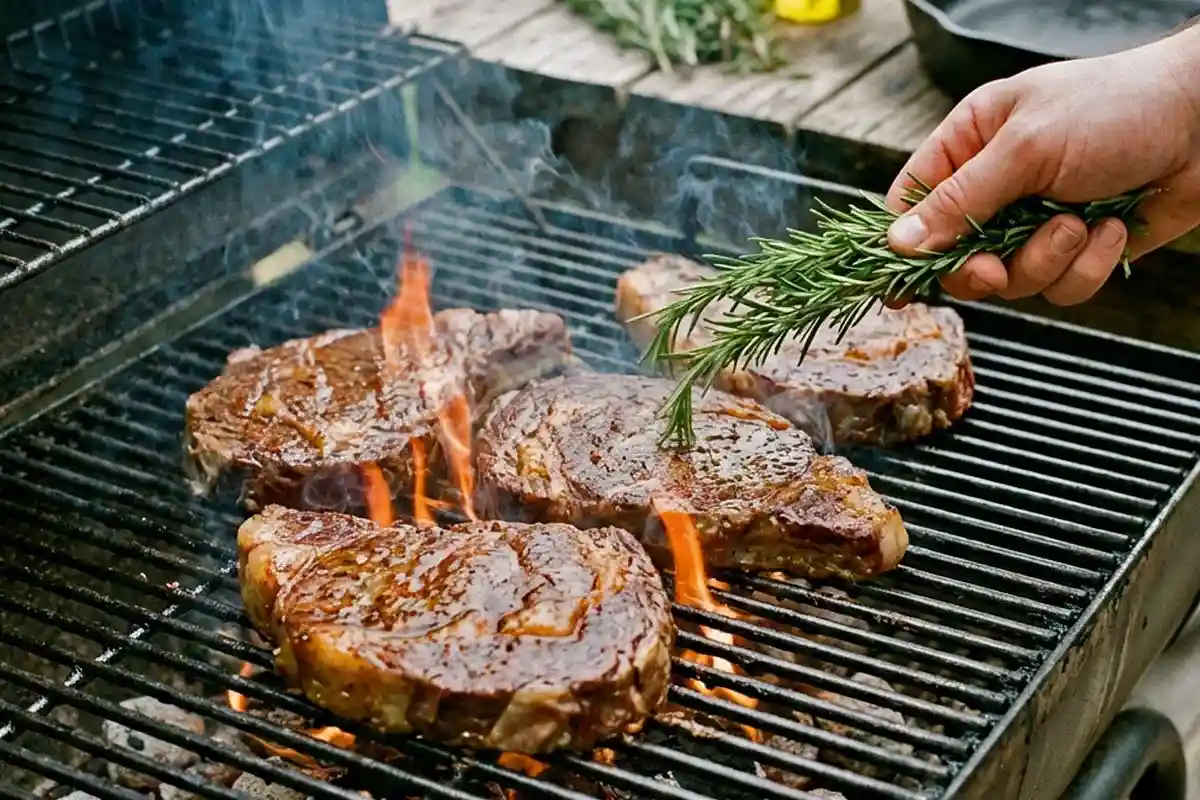Steaks cooking on a grill with a rosemary garnish