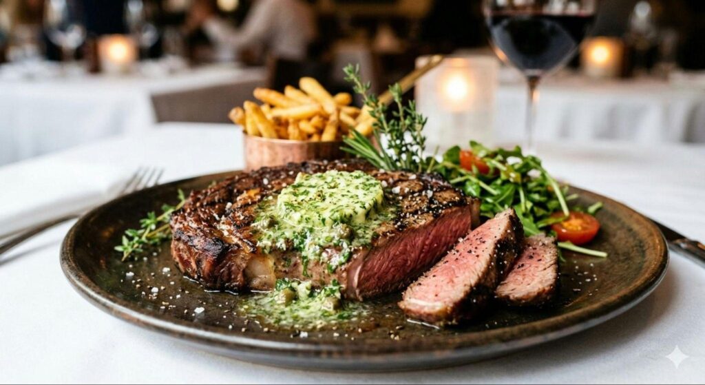 Steakhouse steak with herb butter and potato fries and side salad.